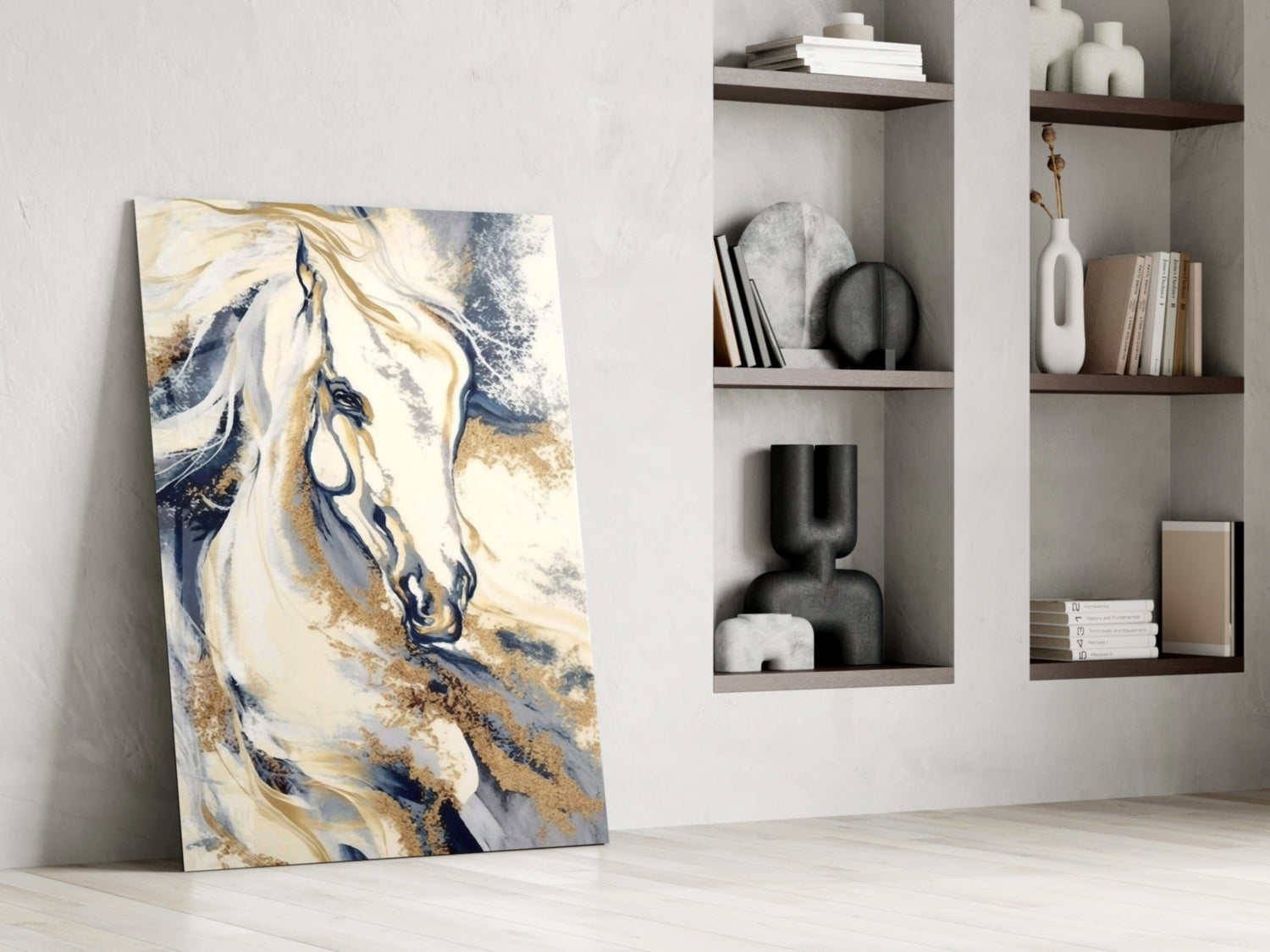 White Horse Navy Gold Marble Glass Wall Art