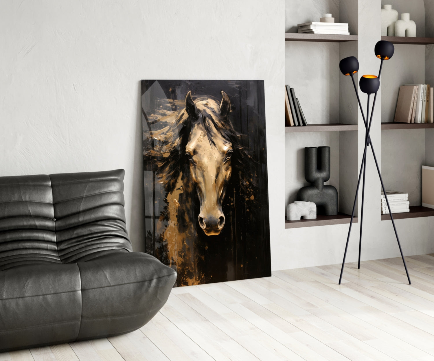 Golden Horse Head Black Glass Wall Art