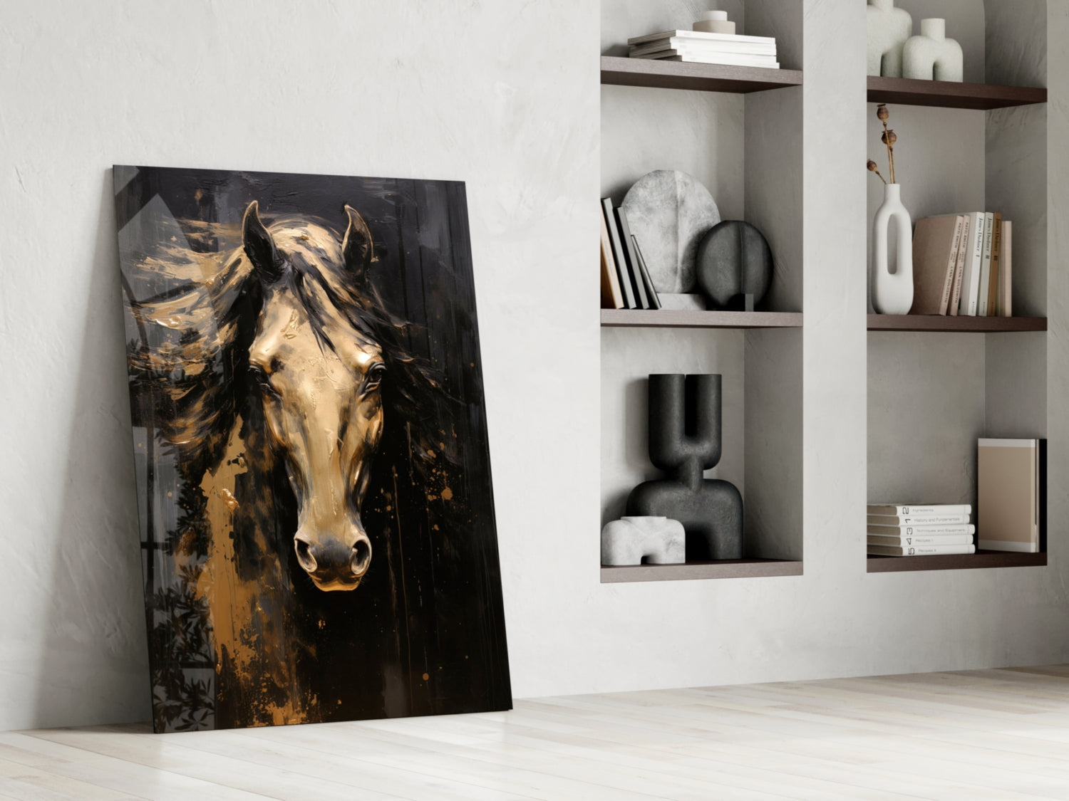 Golden Horse Head Black Glass Wall Art
