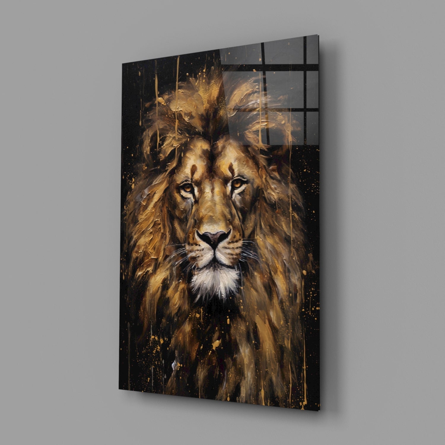 Gilded Paint Drip Lion Glass Wall Art