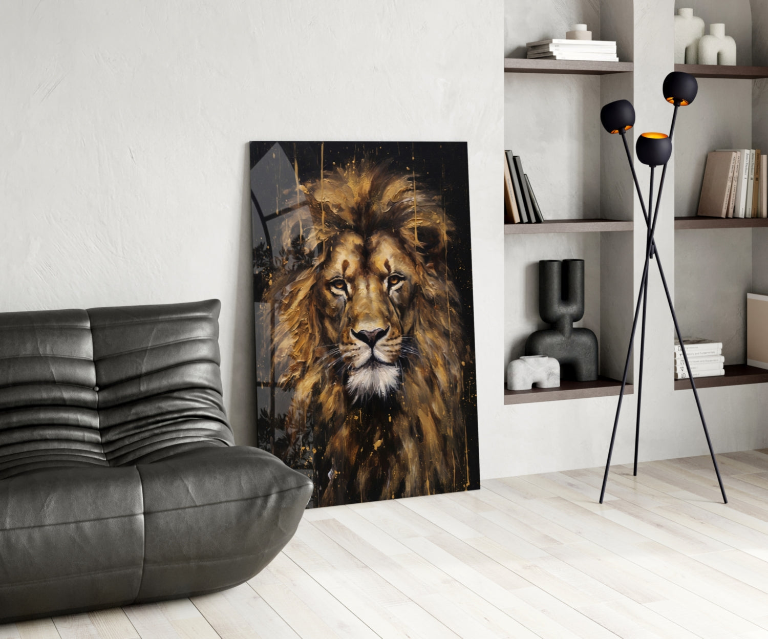 Gilded Paint Drip Lion Glass Wall Art