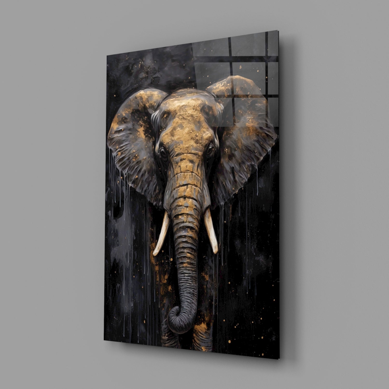 Gold Leaf Elephant Head Black Glass Wall Art