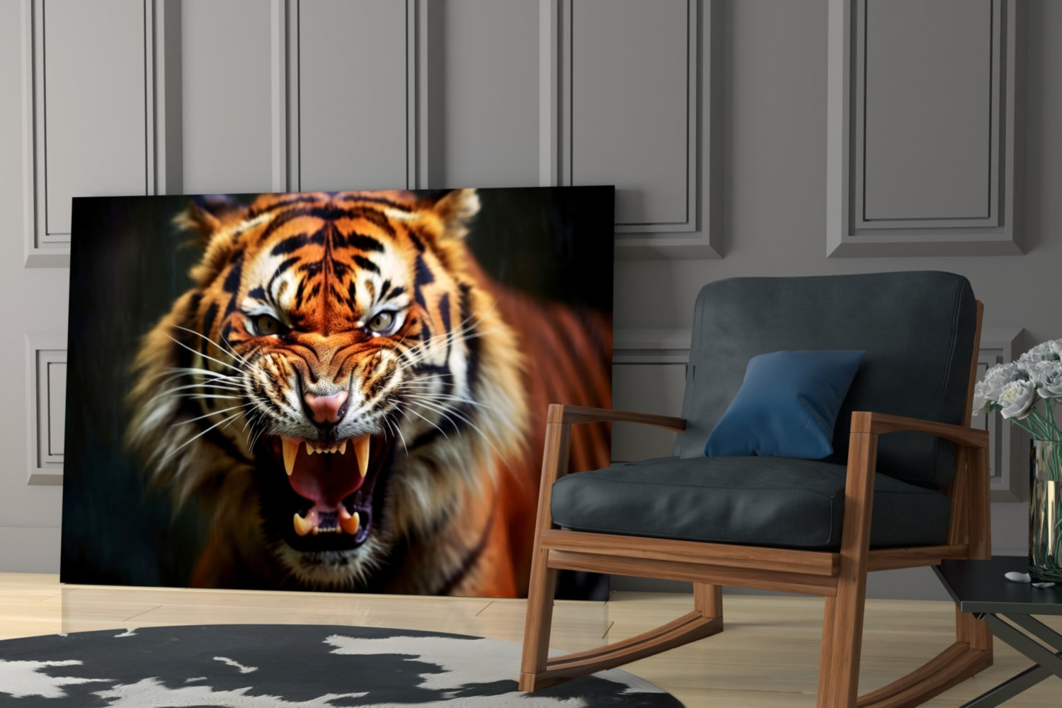 Snarling Fanged Tiger Glass Wall Art