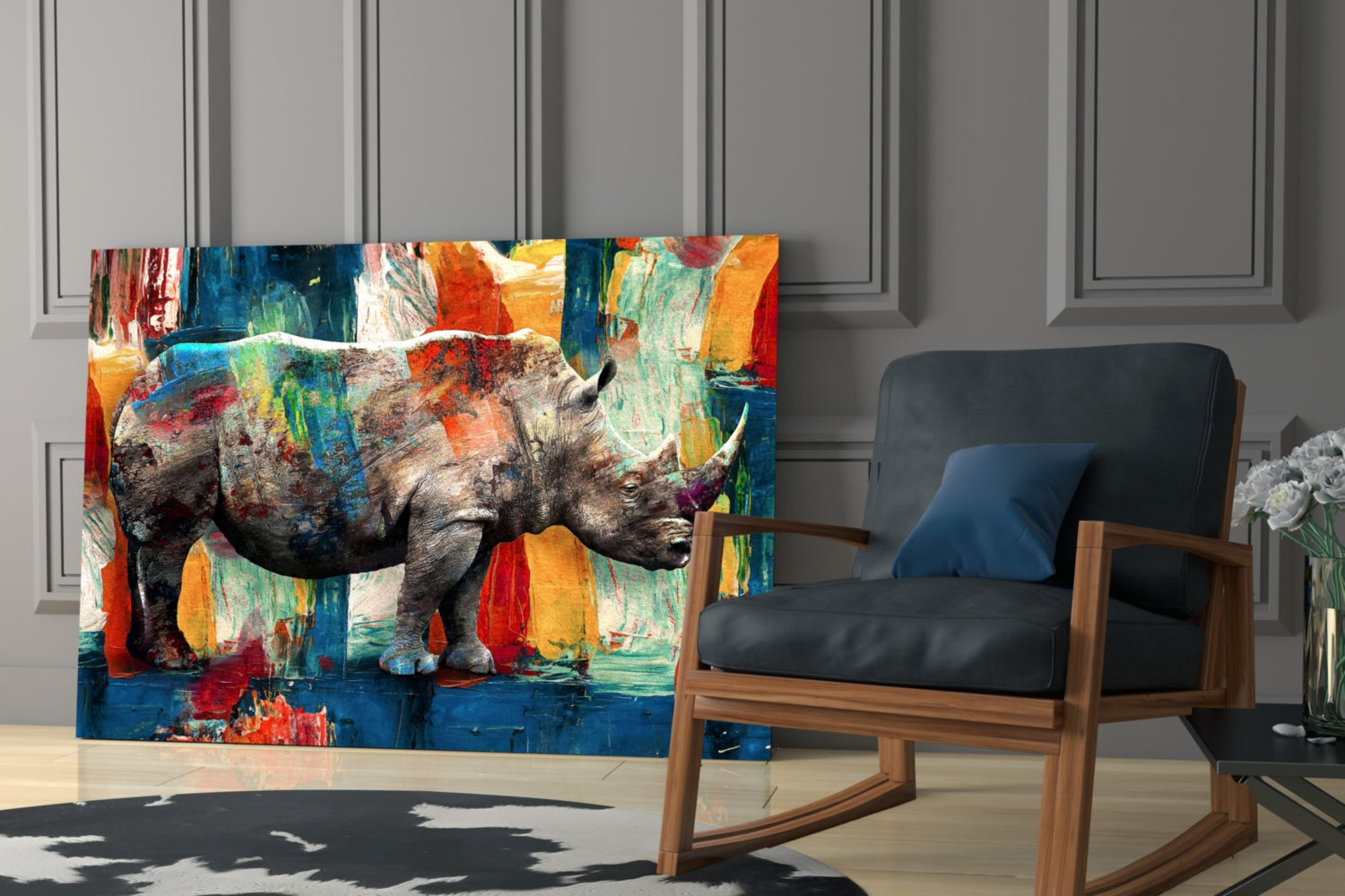 Painted Rhino Color Strokes Glass Wall Art