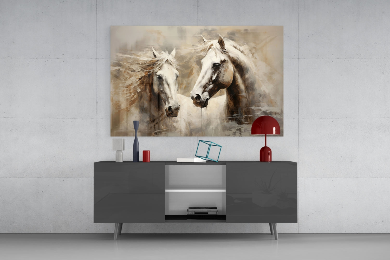 Two White Horses Beige Glass Wall Art