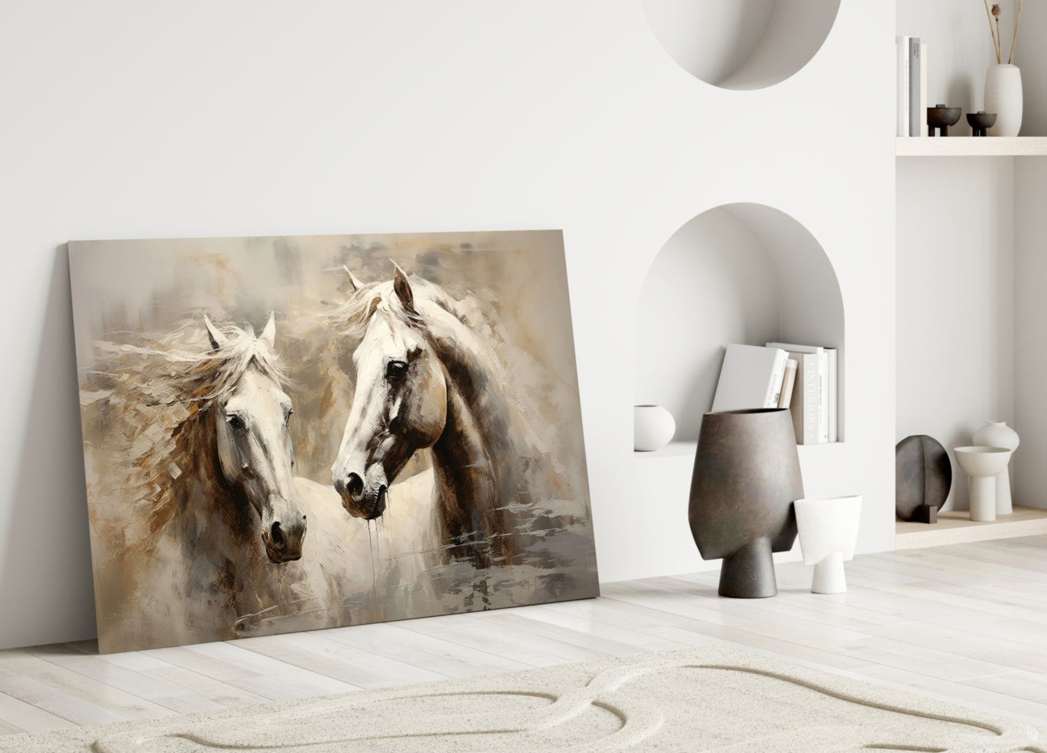 Two White Horses Beige Glass Wall Art