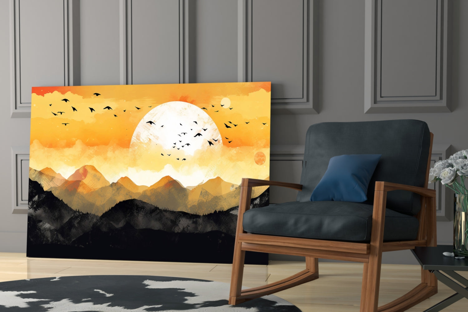 White Sun Orange Sky Mountain Flock Glass Wall Art
