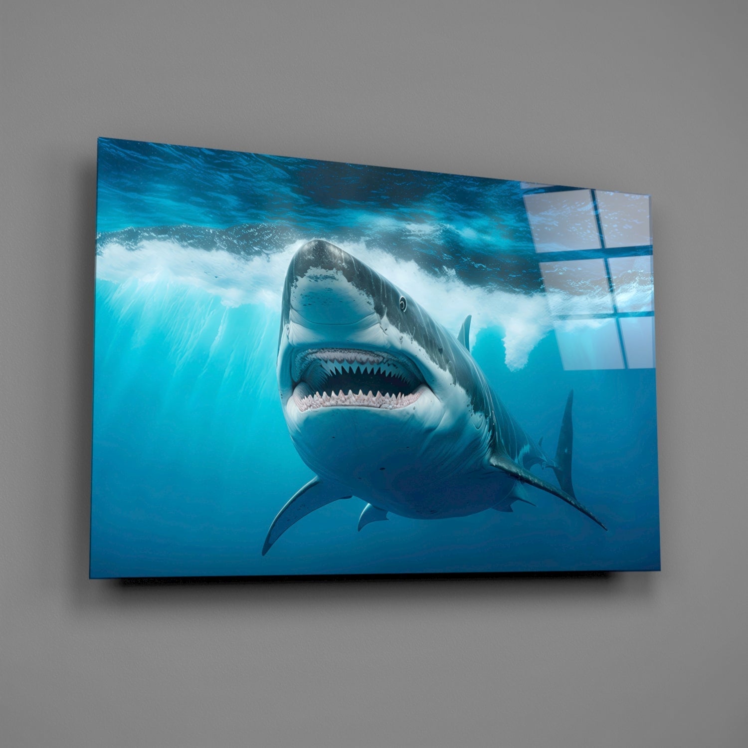 Grinning Shark Below Surface Waves Glass Wall Art