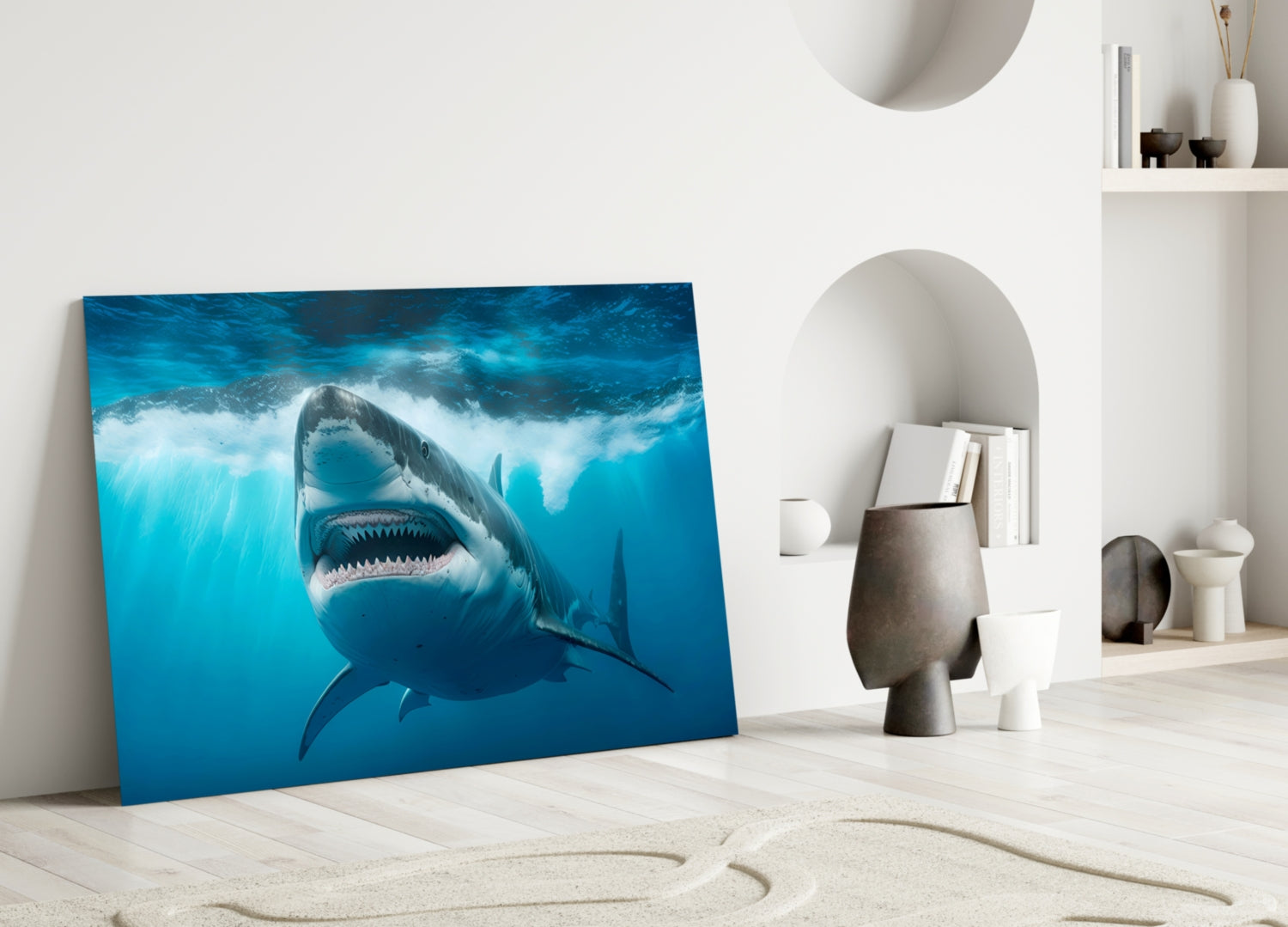 Grinning Shark Below Surface Waves Glass Wall Art