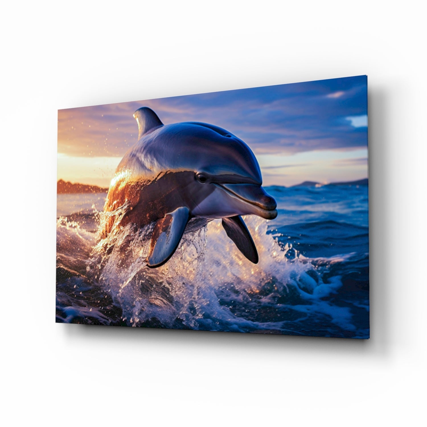 Smiling Dolphin Blue Splash Glass Wall Art