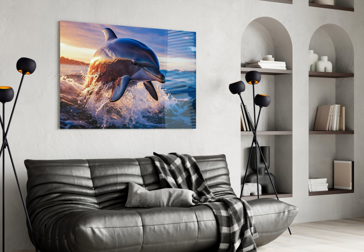 Smiling Dolphin Blue Splash Glass Wall Art