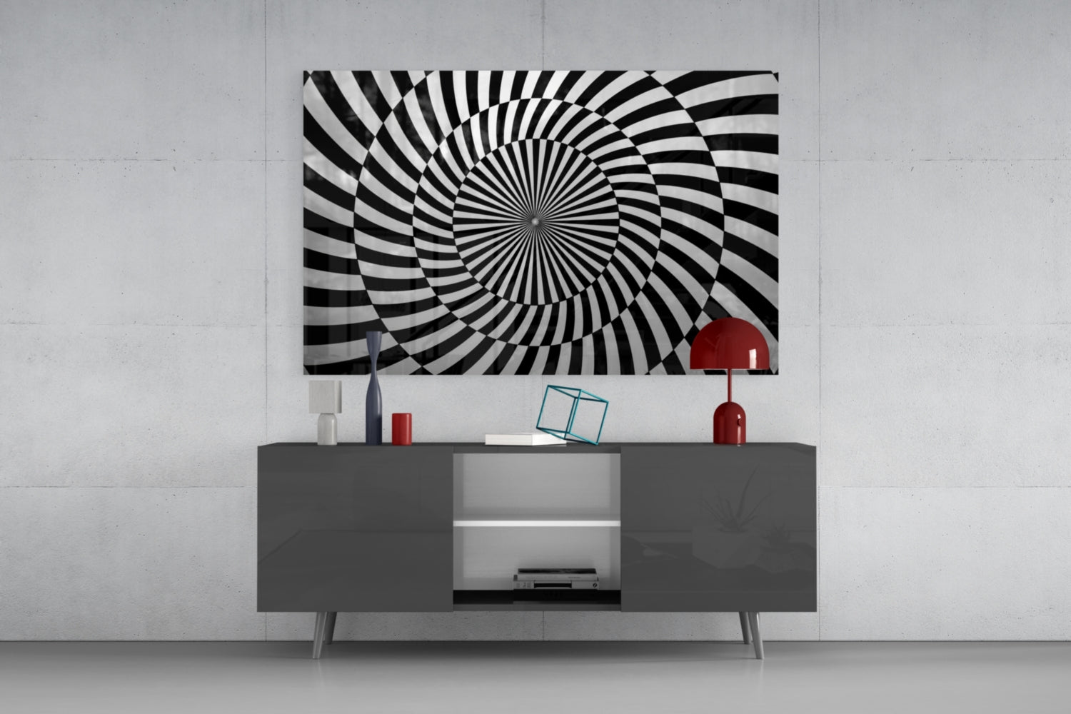 Black and White Optical Spiral Art Glass Wall Art