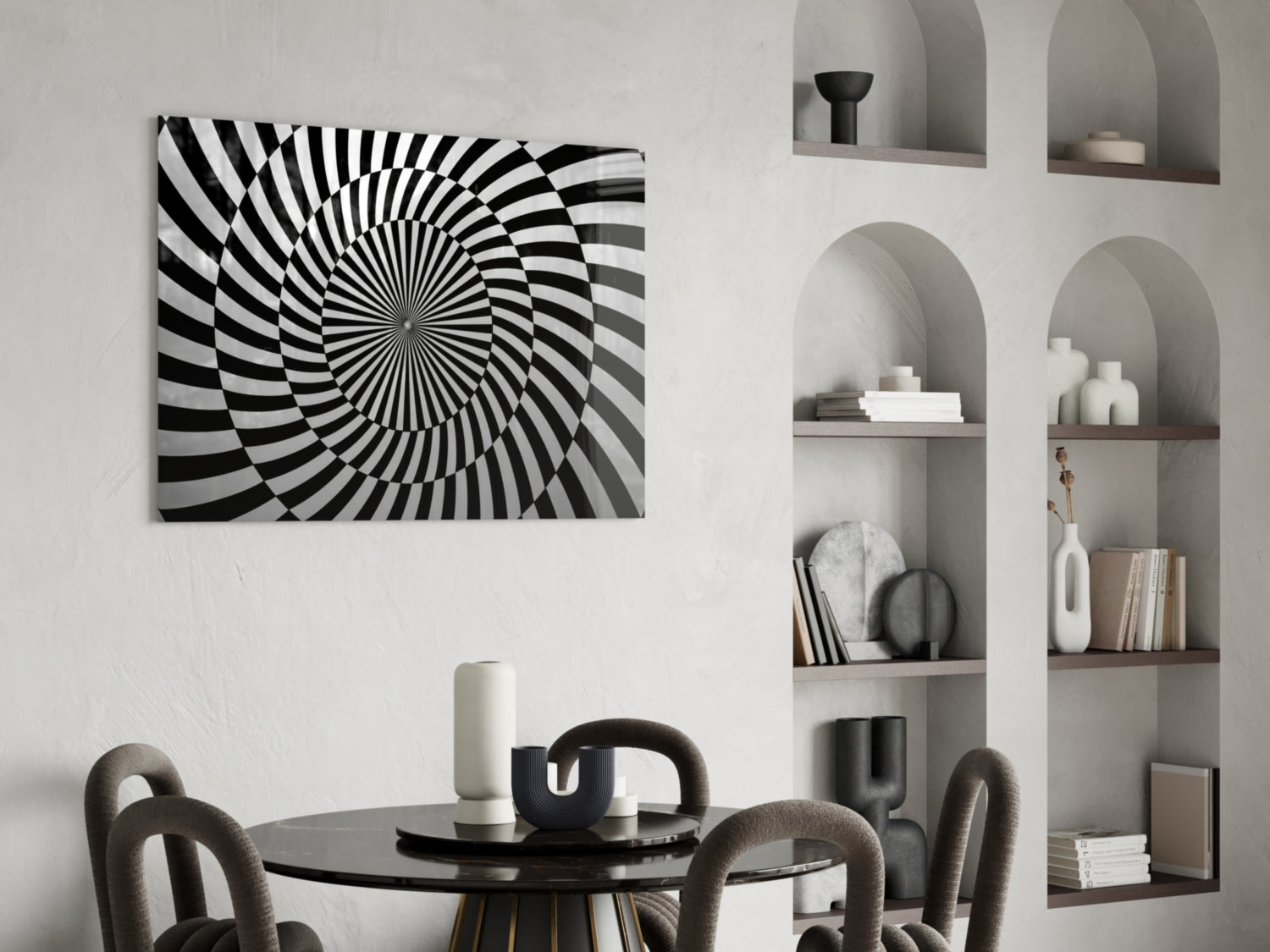 Black and White Optical Spiral Art Glass Wall Art