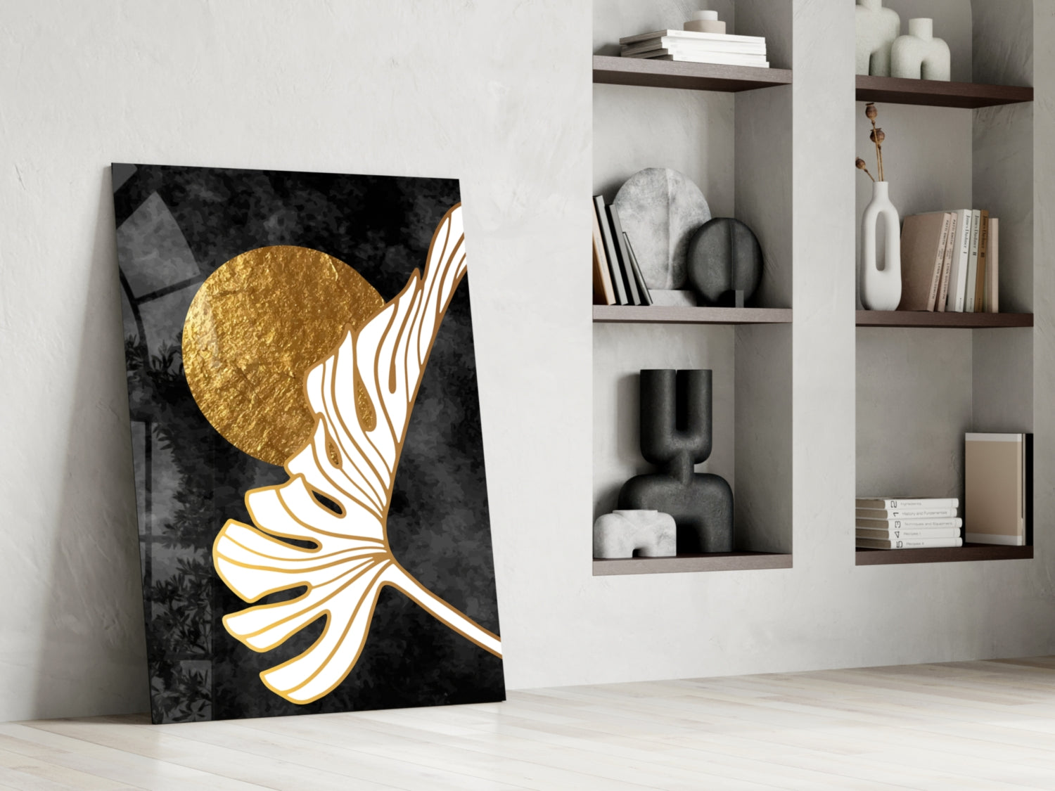Gold Moon With Sweeping Palm Leaf Art Glass Wall Art