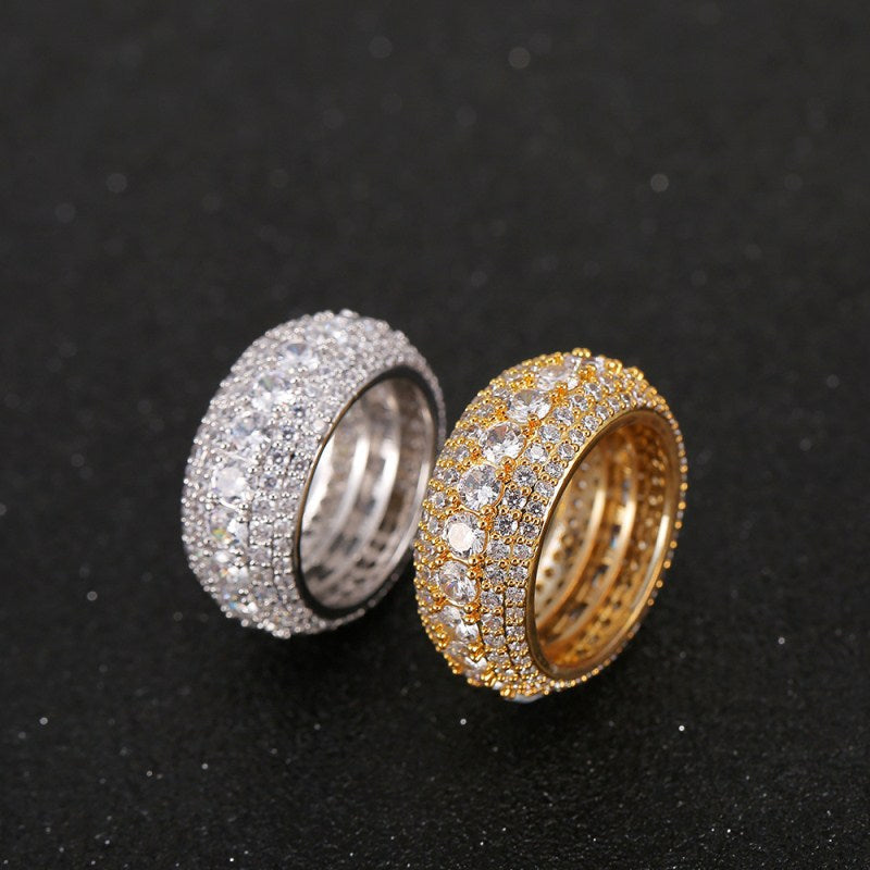 Hip-hop copper micro-inlaid five-row full zircon ring