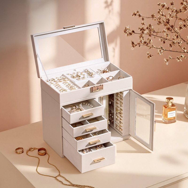 Transparent window leather jewelry armoire