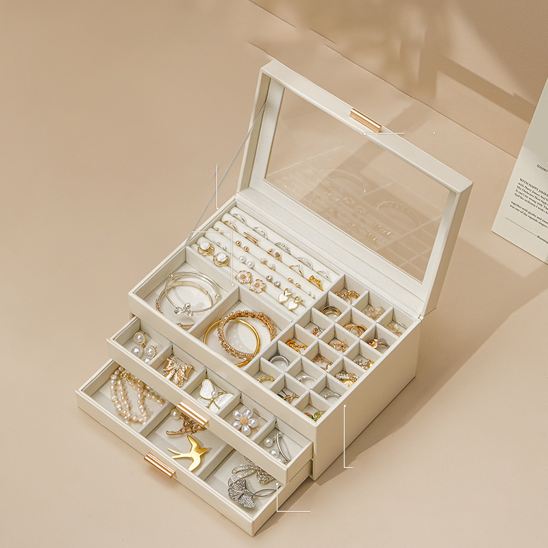 PU leather window multi-layer drawer-style jewelry box