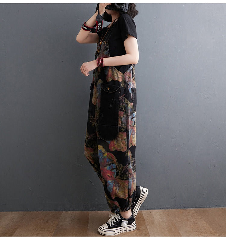 Loose Jeans Black Jumpsuit Casual Ladies Big Pockets Print Floral Denim Overalls Straps Rompers