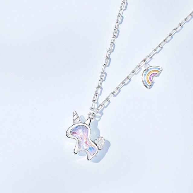 s925 silver fantasy rainbow unicorn necklace women&