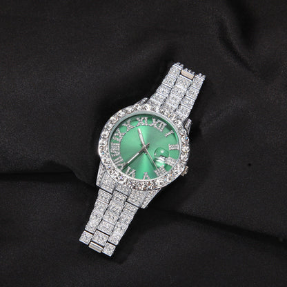 Hip-hop watch with Roman numerals and diamonds, large dial