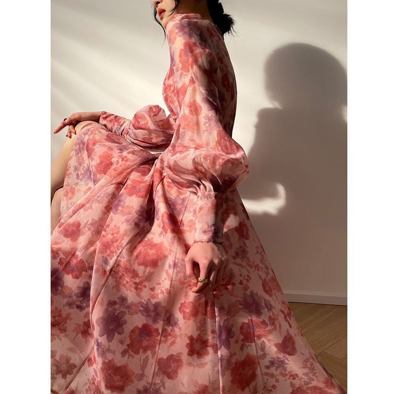 V-neck Floral Printed Dress Women Elegant Puff Sleeve Slim A-line Dress