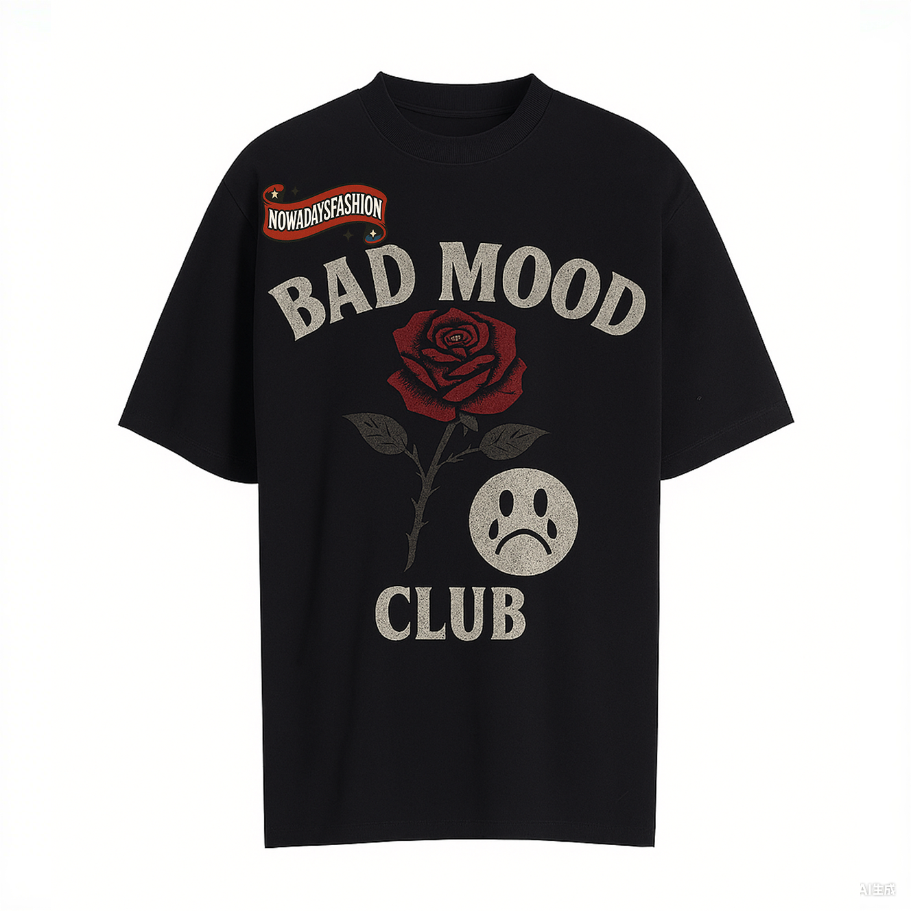 Unisex BAD MOOD CLUB Graphic T-Shirt – Sad Face &amp; Rose Dark Streetwear Tee