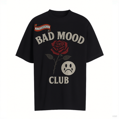 Unisex BAD MOOD CLUB Graphic T-Shirt – Sad Face &amp; Rose Dark Streetwear Tee