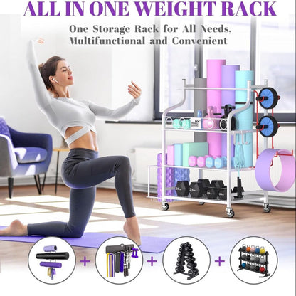 Mythinglogic Yoga Mat Storage Racks, Home Gym Storage Rack for Dumbbells Kettlebells Foam Roller, Yoga Strap and Resistance Bands, Workout Equipment Storage Organizer With Hooks and Wheels