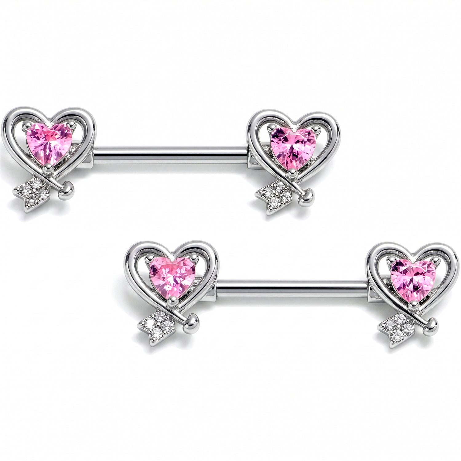 14G 9/16 Pink CZ Gem Wrapped In Heart Barbell Nipple Ring Set