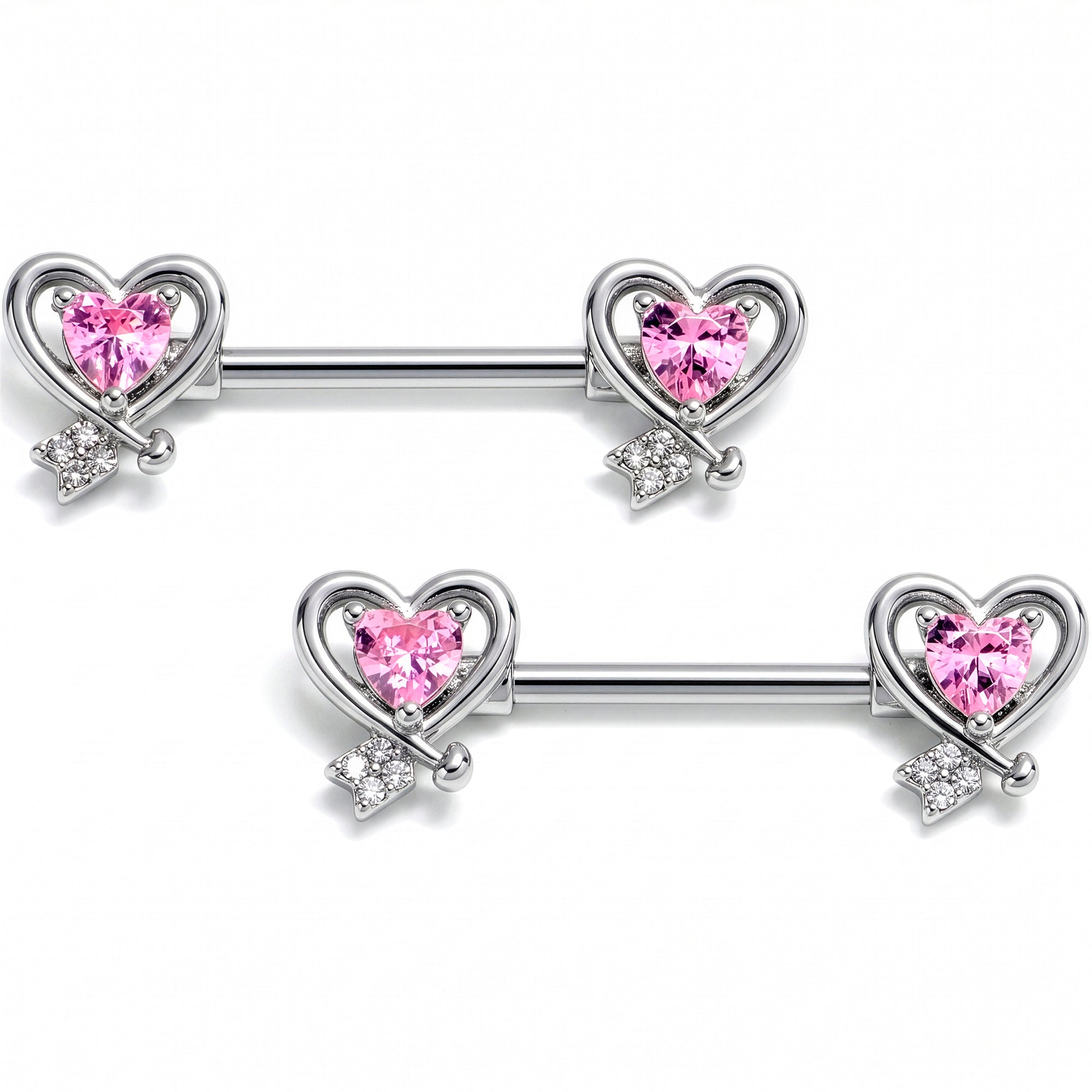 14G 9/16 Pink CZ Gem Wrapped In Heart Barbell Nipple Ring Set