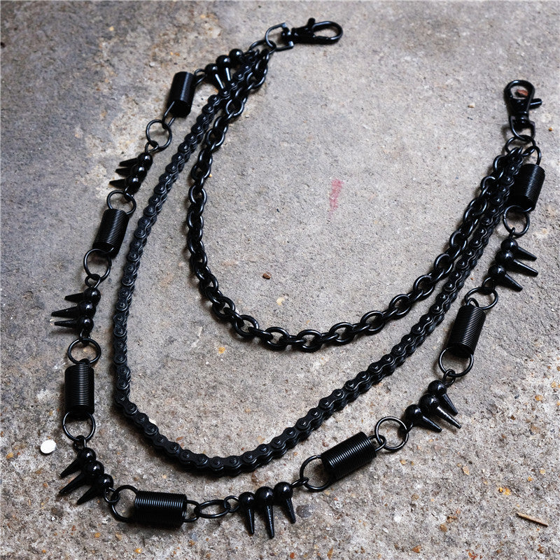 Black bicycle chain spring spiked three-layer metal trouser chains