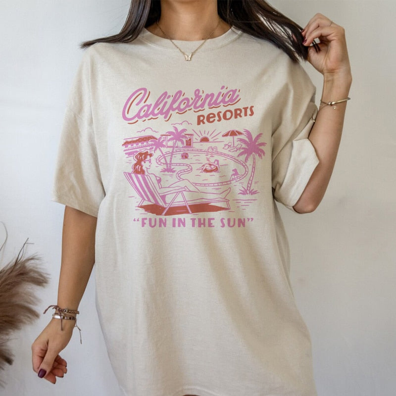 1pcs WHITE Tees Summer Casual Oversized Tee Best Surfing Santa Monica California Womens Retro Style