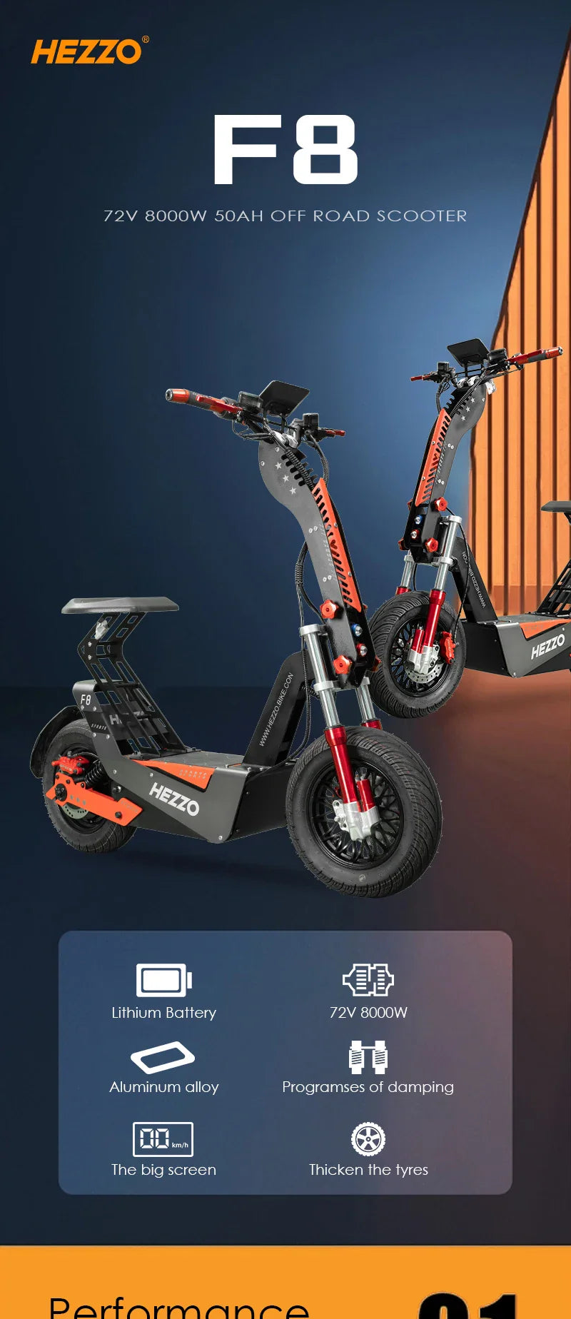 HEZZO-F8 Electric Scooter - 8000W Power, Max Speed 100 Km/h