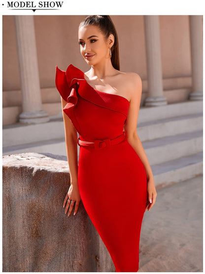 One Shoulder Ruffle Sexy Celebrity Evening Midi Elegant Dresses Vestidos