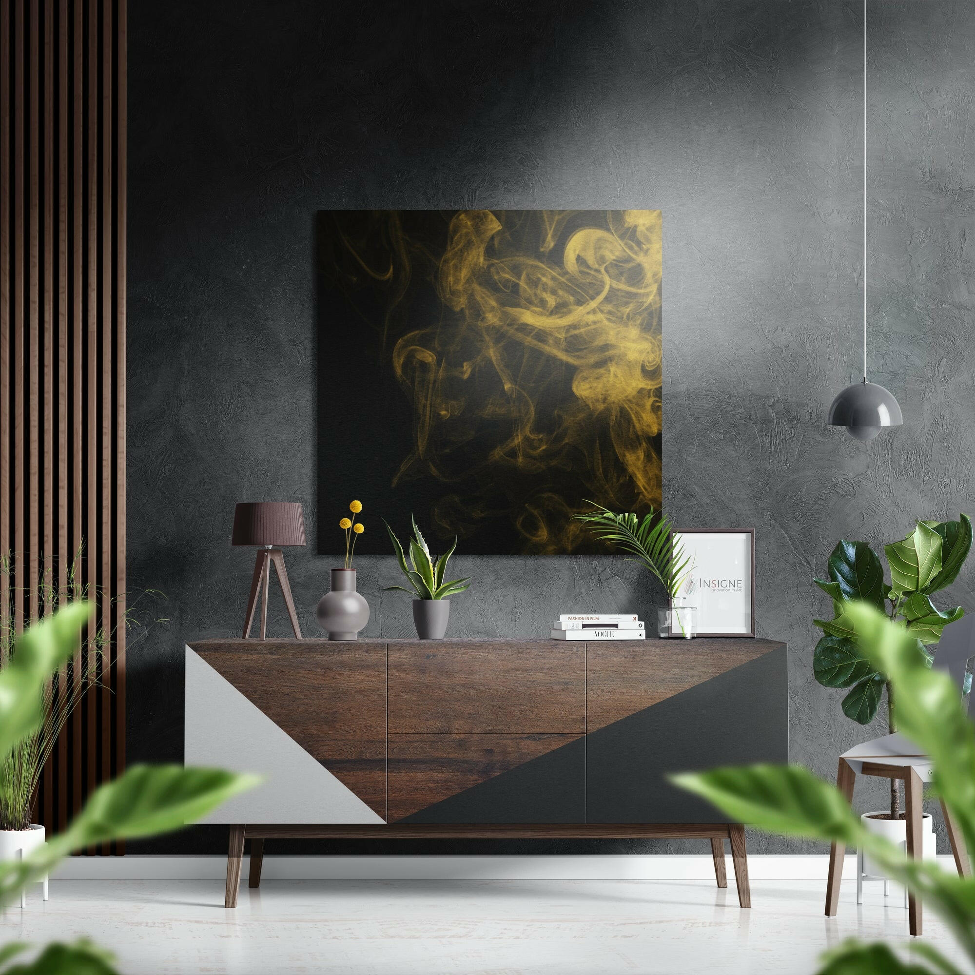 Yellow Smoke Wisps on Black Brushed Aluminium Dibond Wall Art