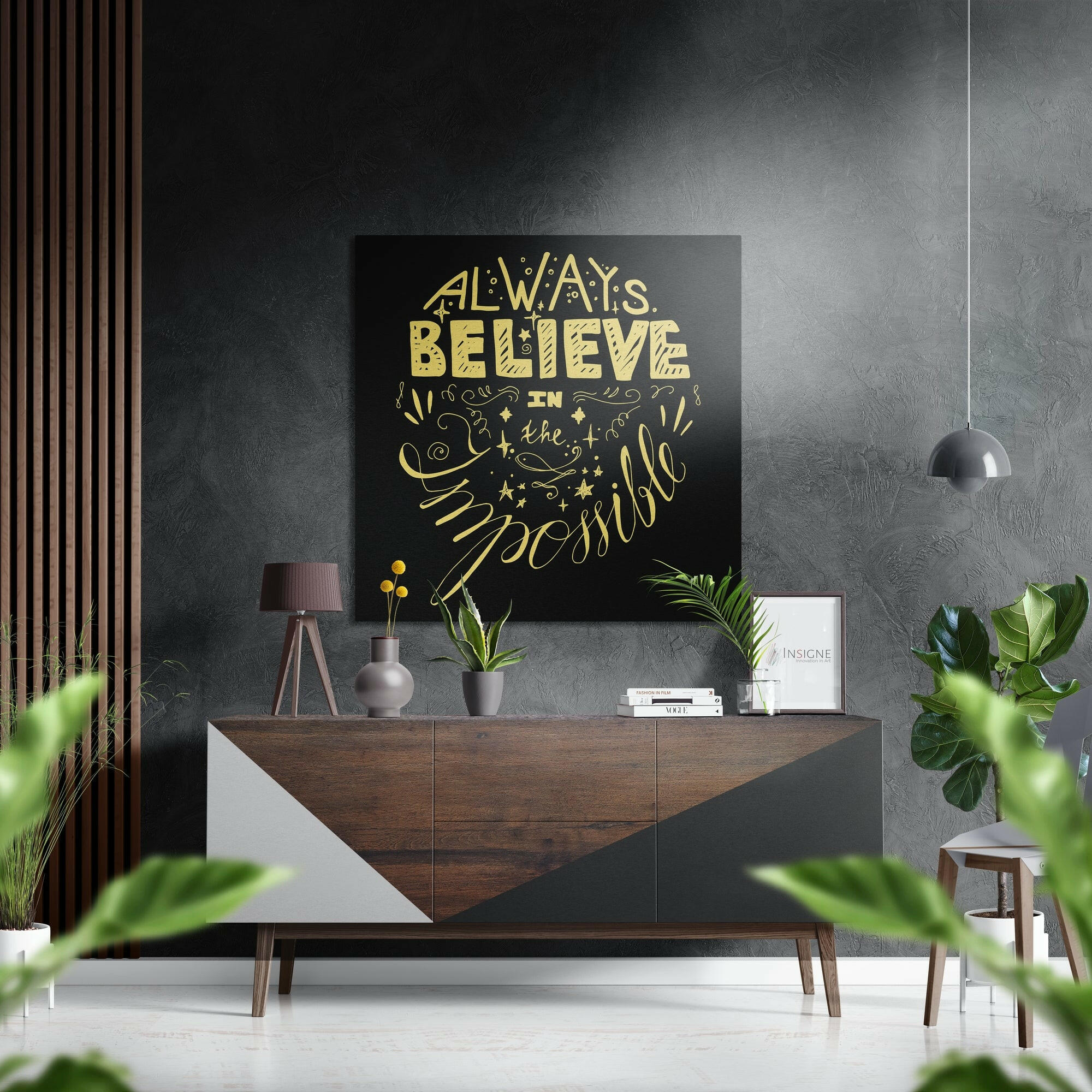 Gold Lettering Believe Quote on Black Brushed Aluminium Dibond Wall Art