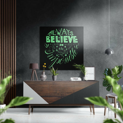 Mint Green Lettering Believe Quote on Black Brushed Aluminium Dibond Wall Art