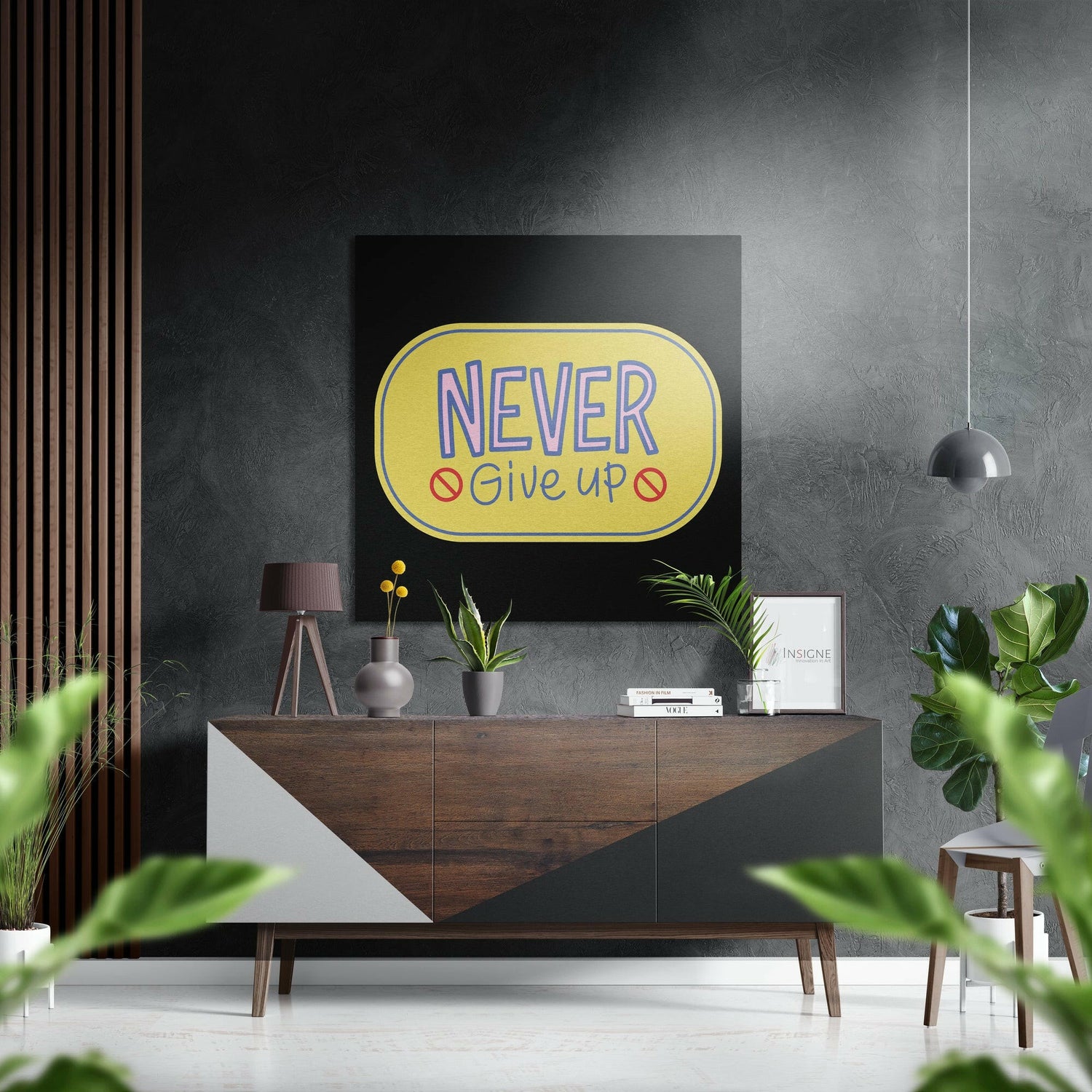 Yellow Badge Neon Never Give Up Brushed Aluminum Dibond Wall Art