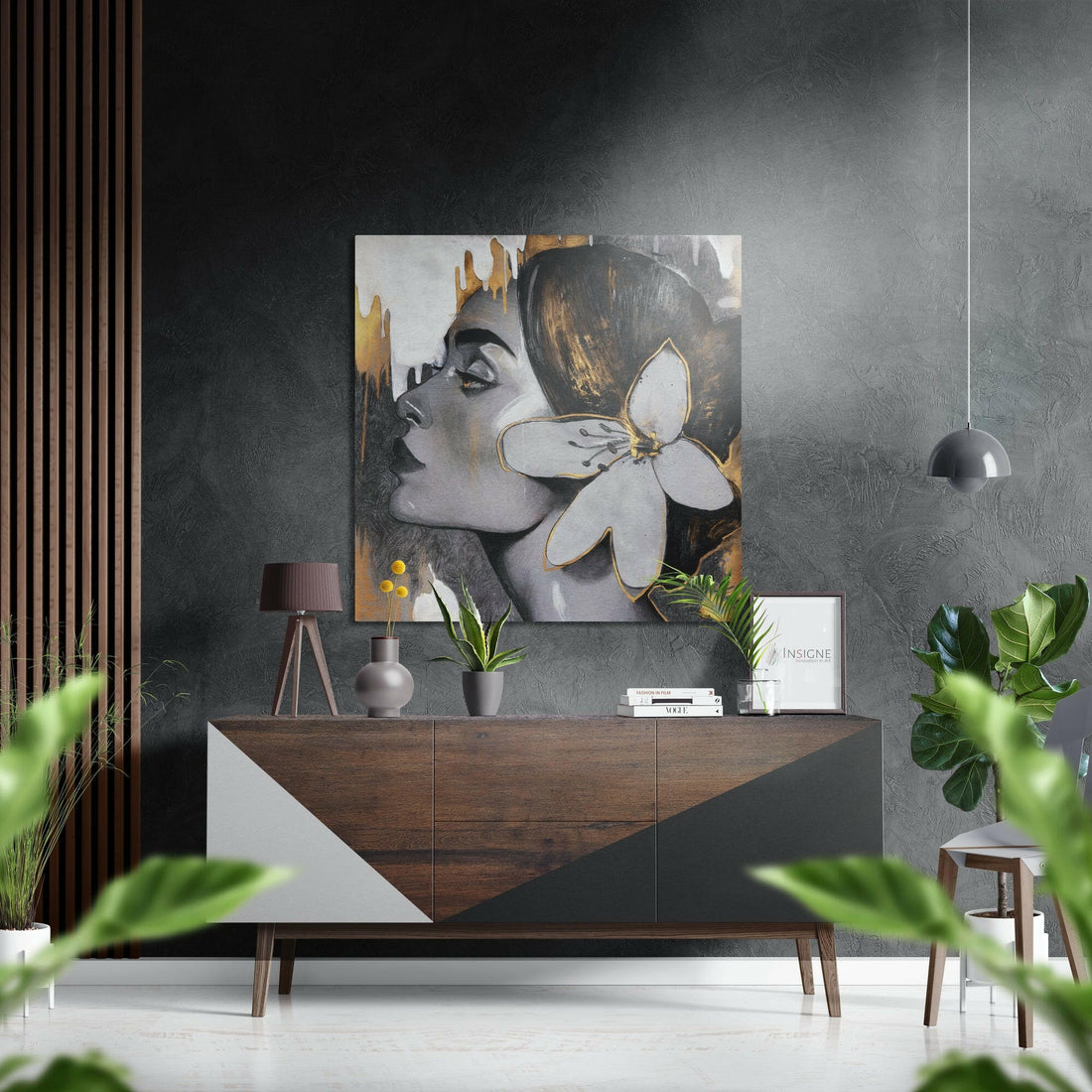 Woman Profile With White Flower and Gold Brushed Aluminium Dibond Wall Art