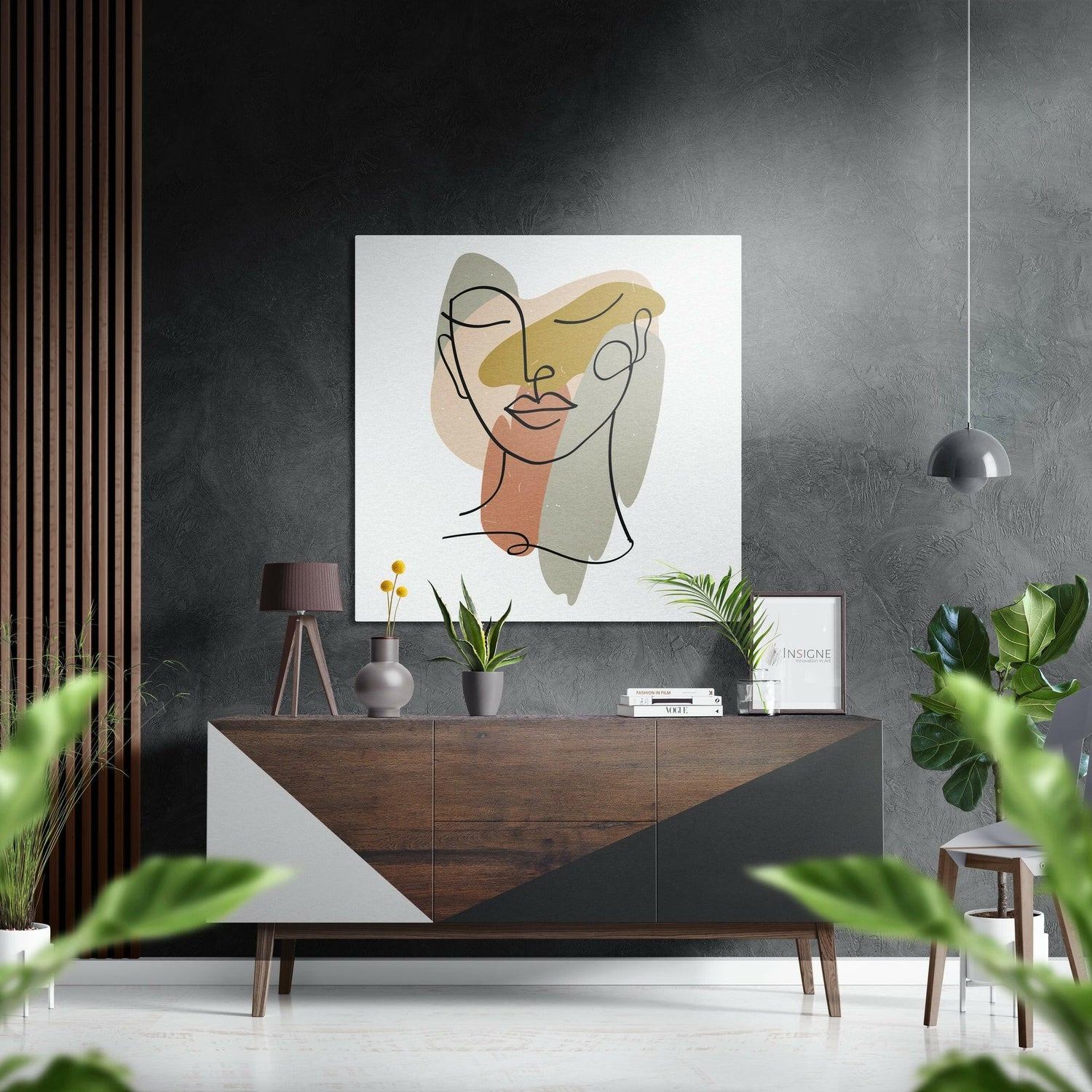 Line Face With Pastel Shapes Brushed Aluminium Dibond Wall Art