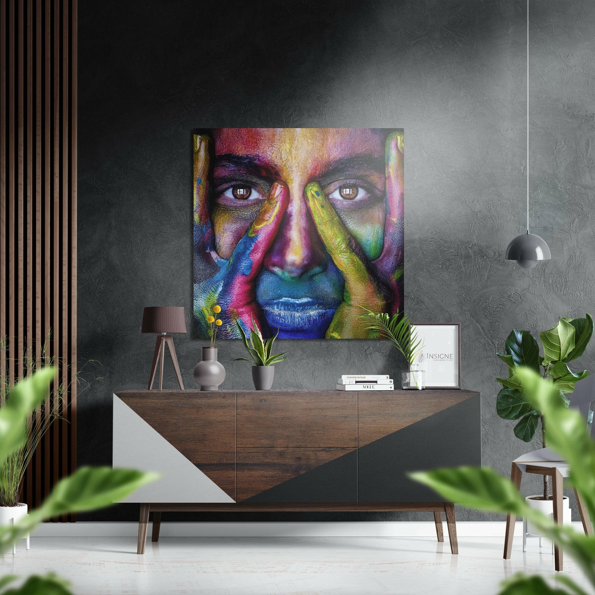 Color Painted Face Behind Hands Brushed Aluminium Dibond Wall Art