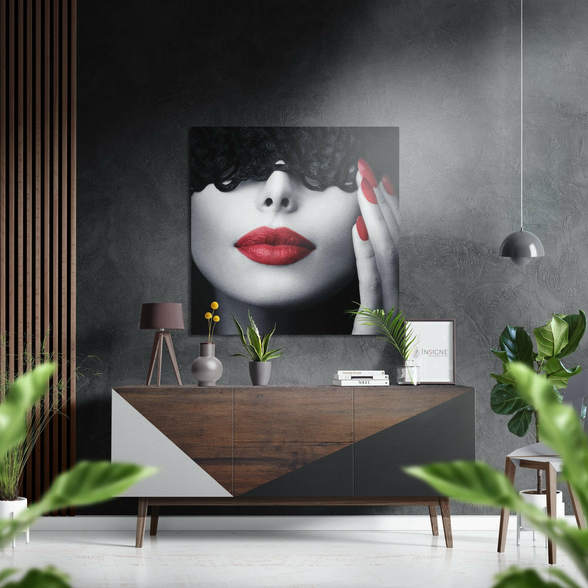 Red Lips Curly Hair Portrait Brushed Aluminium Dibond Wall Art