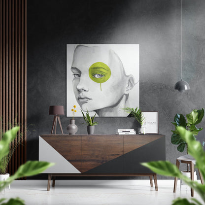 Lime Yellow Blot Eye Woman Sketch Brushed Aluminium Dibond Wall Art