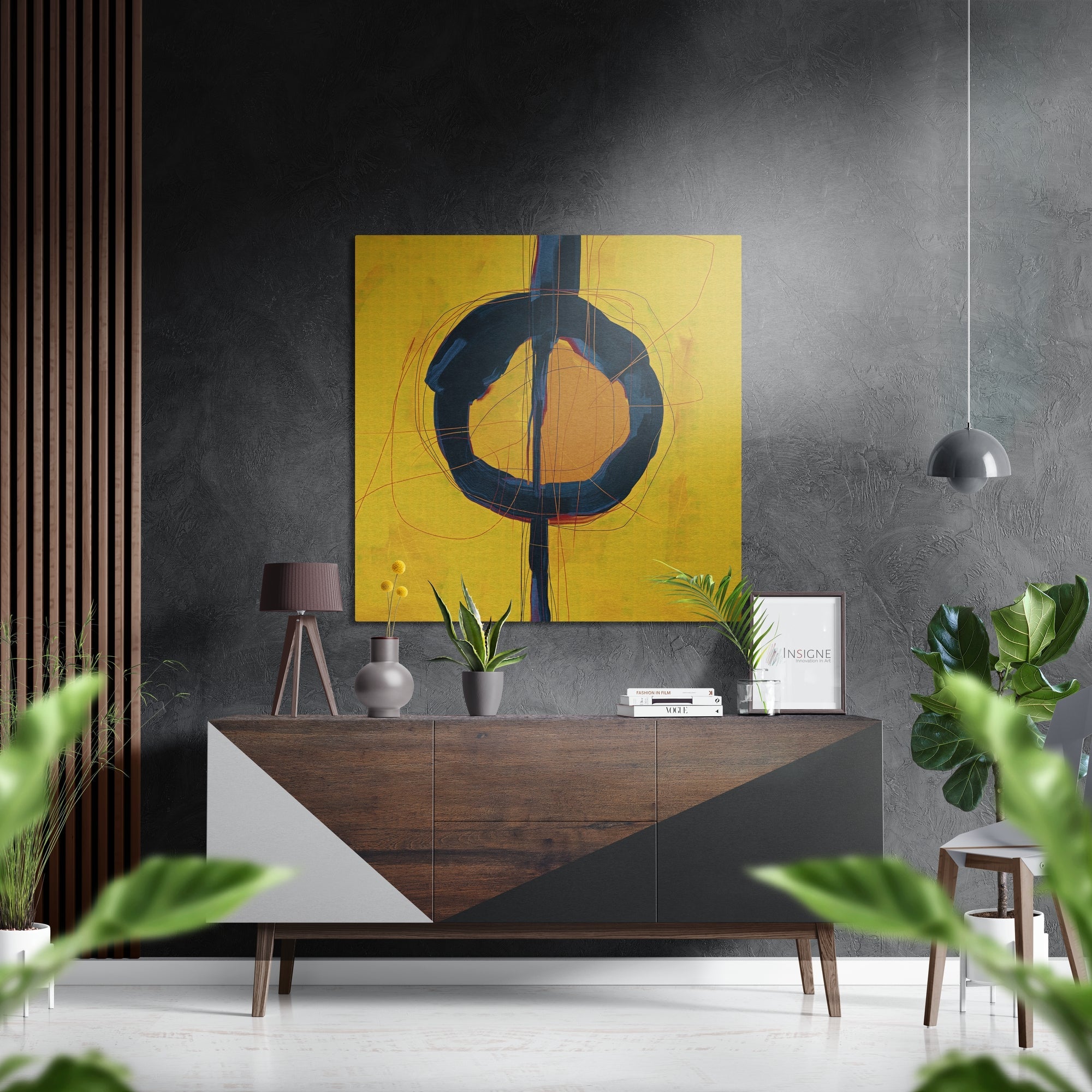 Mustard Yellow Navy Circle Abstract Brushed Aluminium Dibond Wall Art