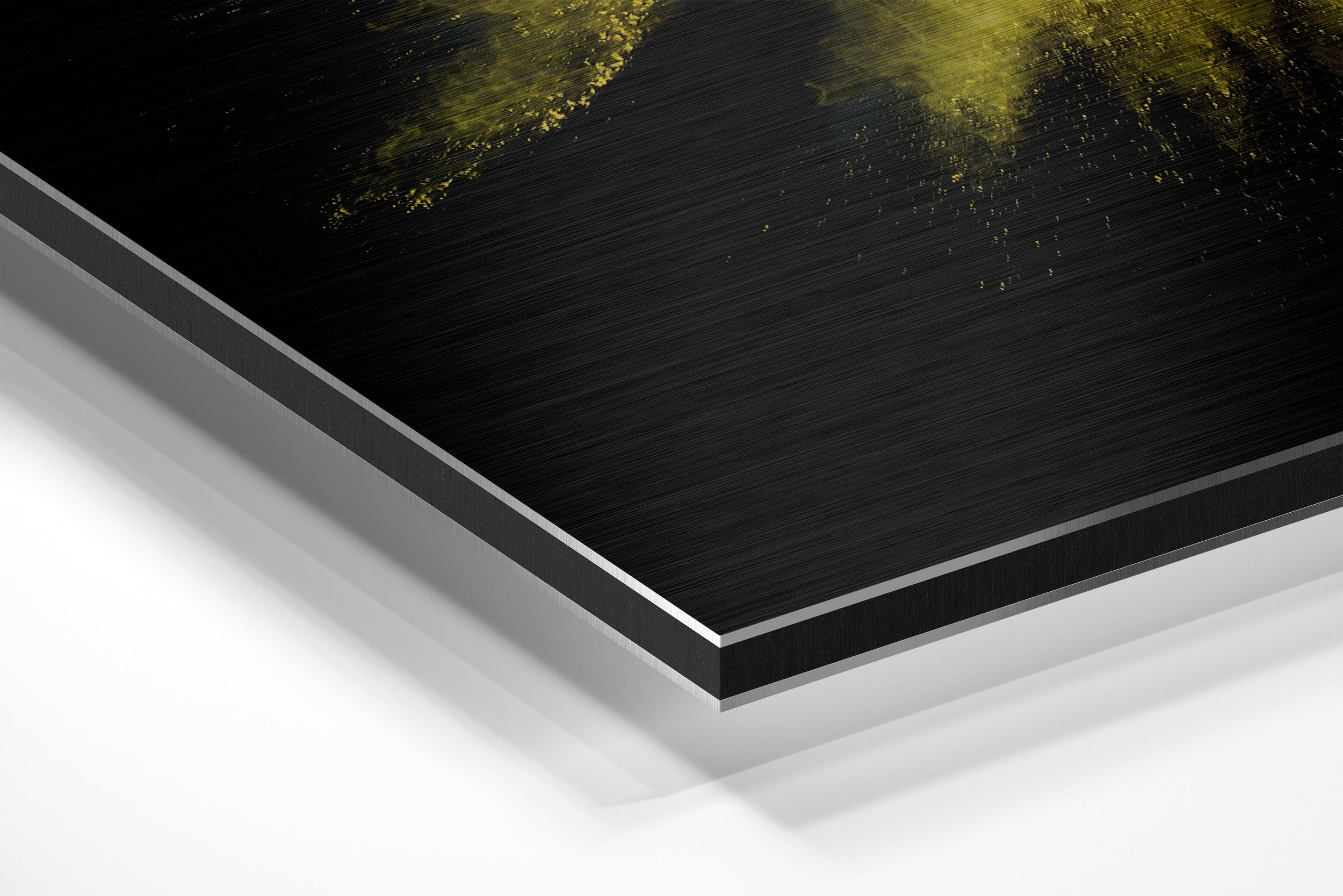 Yellow Pink Powder Burst on Black Brushed Aluminium Dibond Wall Art