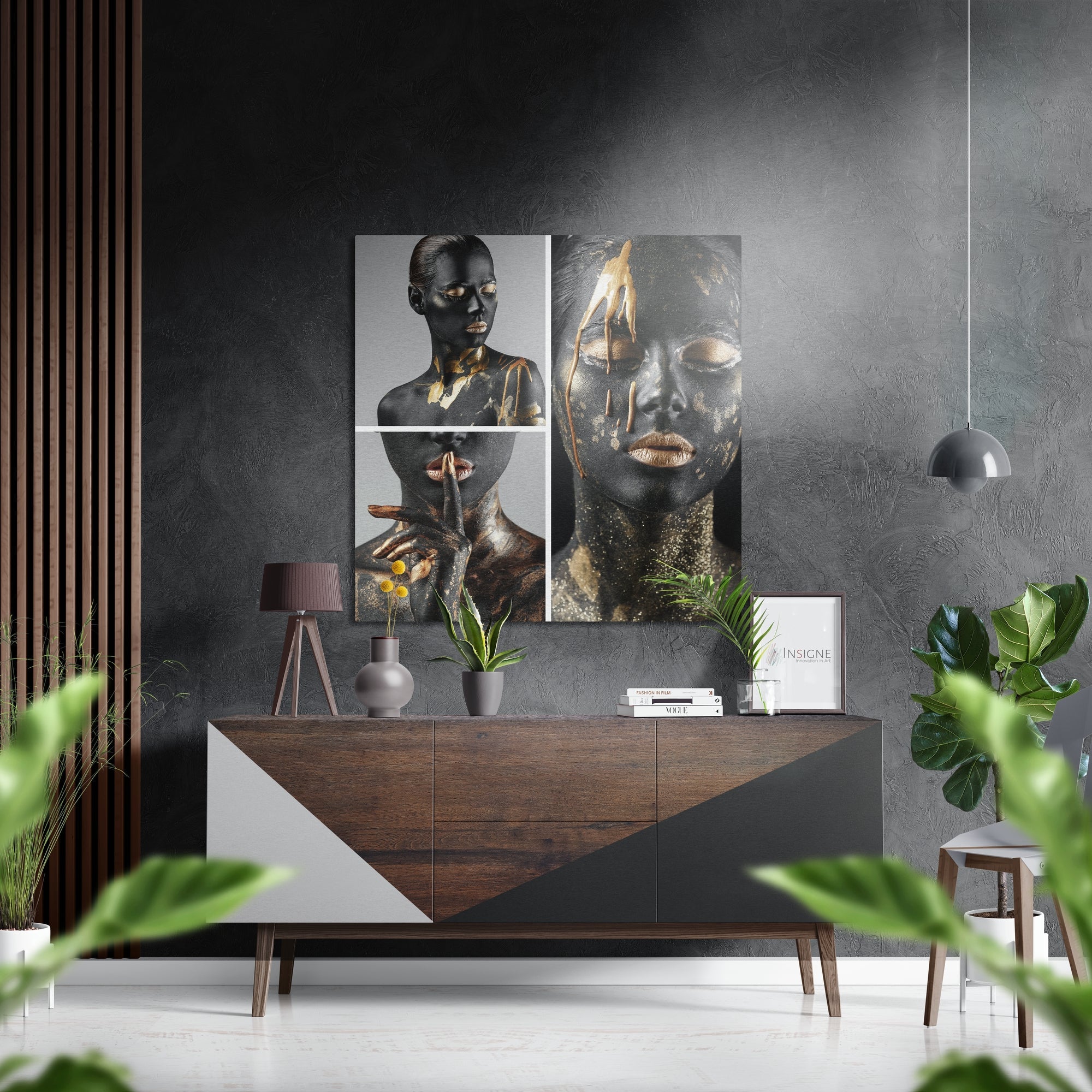 Gold Leaf Trio Portrait Collage Brushed Aluminum Dibond Wall Art