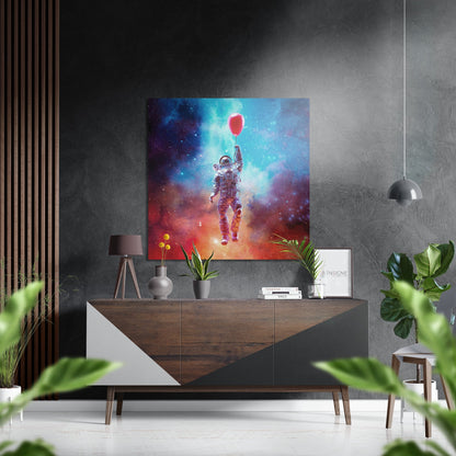 Astronaut With Red Balloon Brushed Aluminium Dibond Wall Art