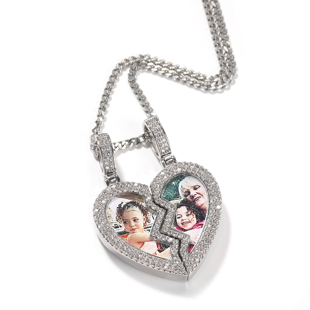 Broken Heart Photo Magnetic Frame Pendant 2 Pictures Hiphop Jewelry