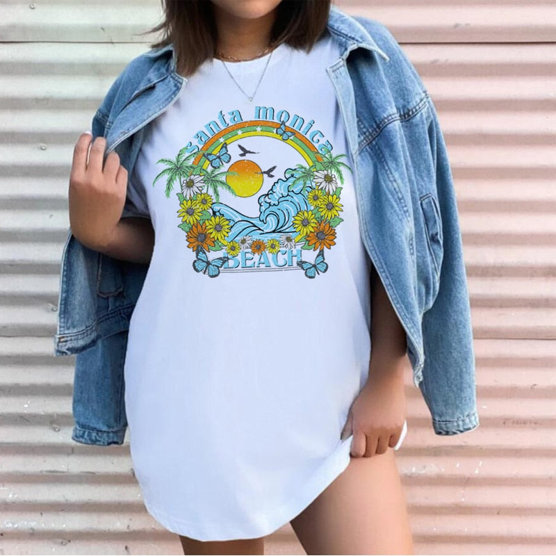 1pcs WHITE Tees Summer Casual Oversized Tee Best Surfing Santa Monica California Womens Retro Style
