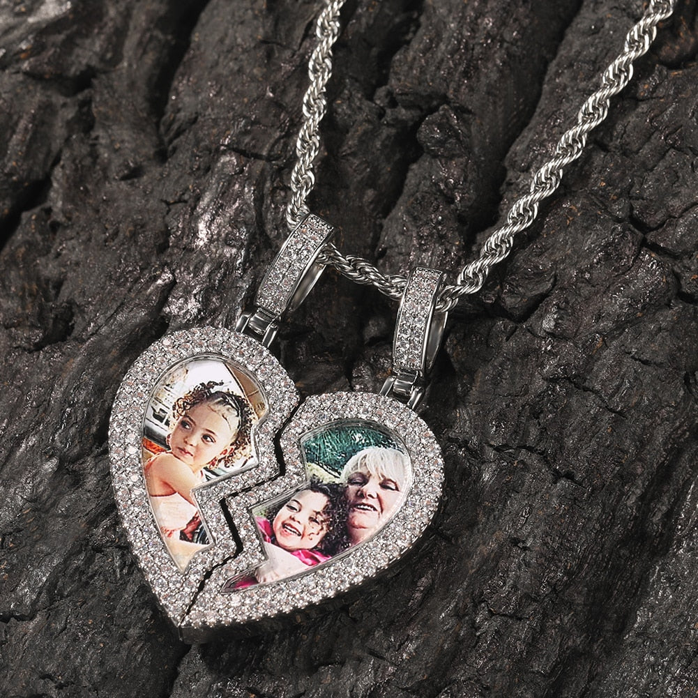 Broken Heart Photo Magnetic Frame Pendant 2 Pictures Hiphop Jewelry